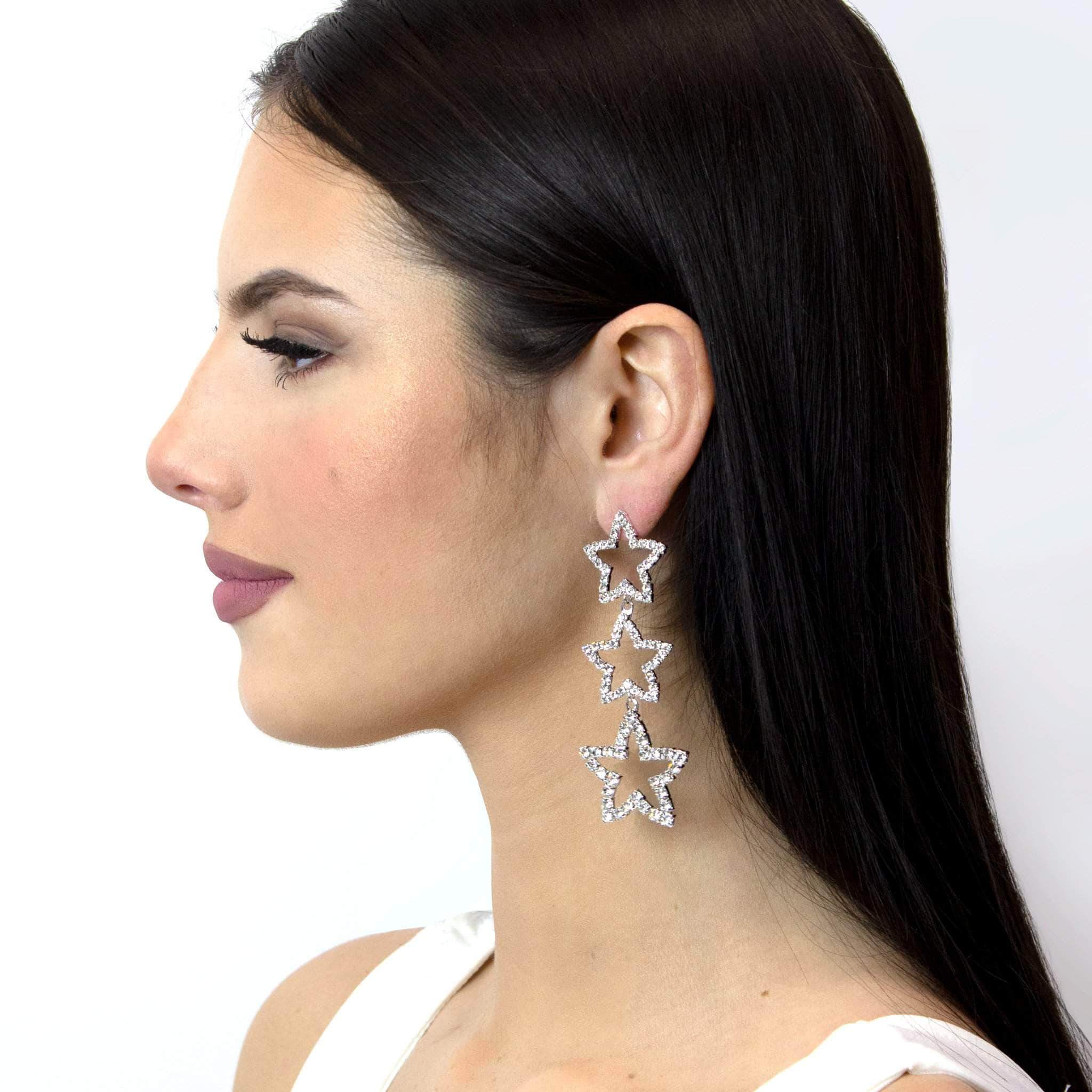 #11963 - Triple Star Drop Rhinestone Earrings - Image 3