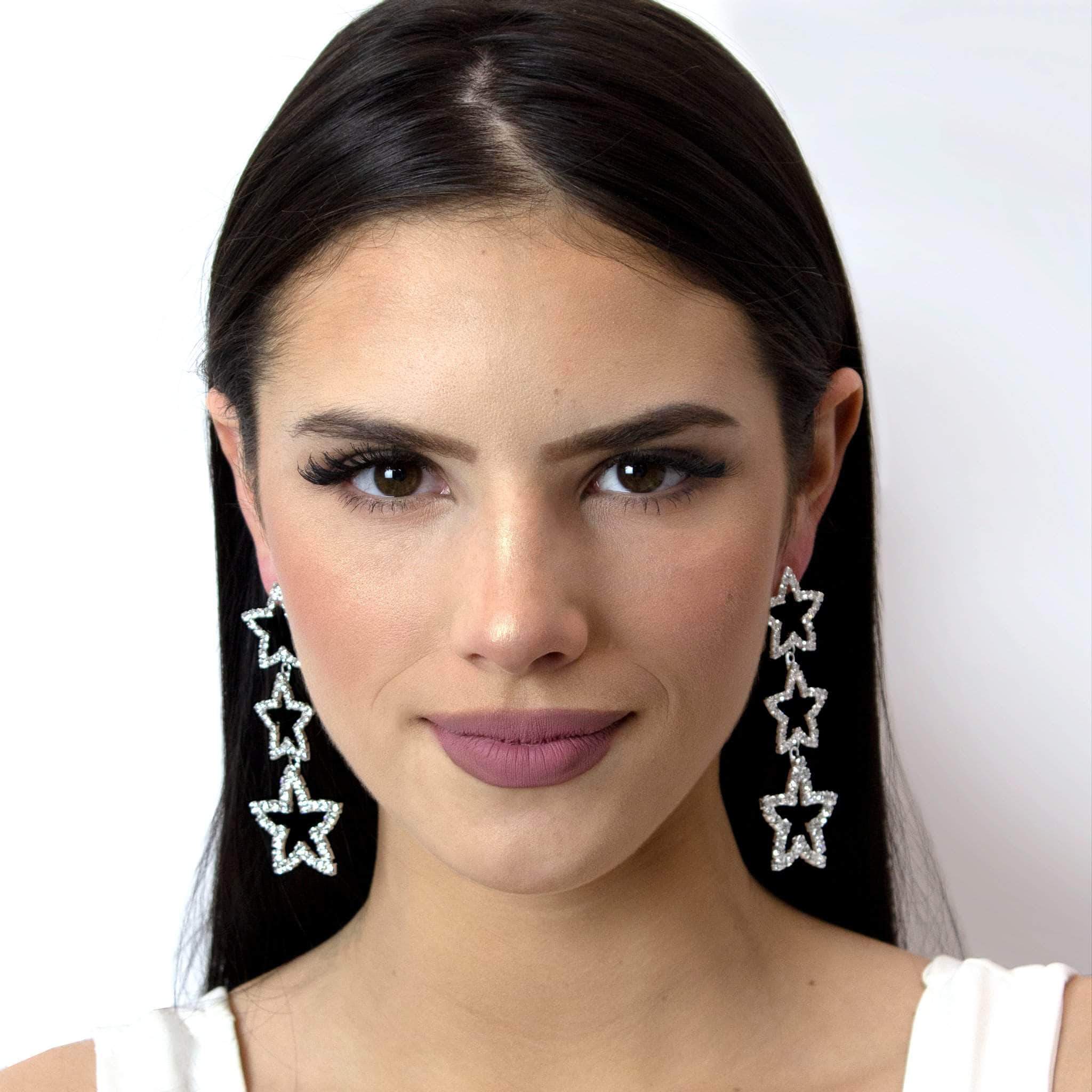 #11963 - Triple Star Drop Rhinestone Earrings - Image 4